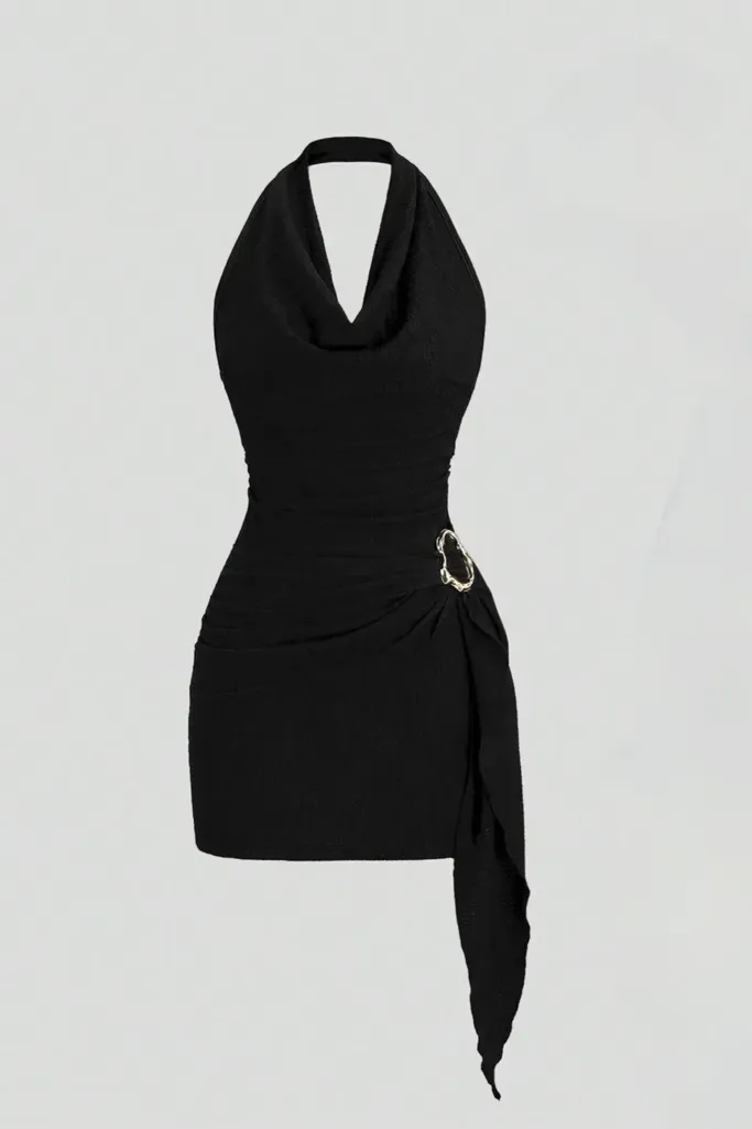 Black Halter Neck Ruched Wrap Dress - Image 1