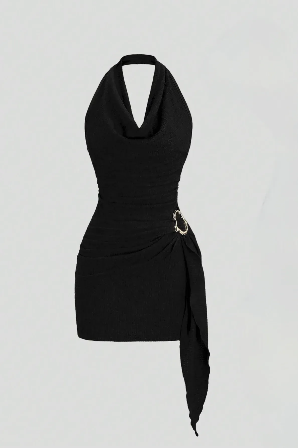Black Halter Neck Ruched Wrap Dress