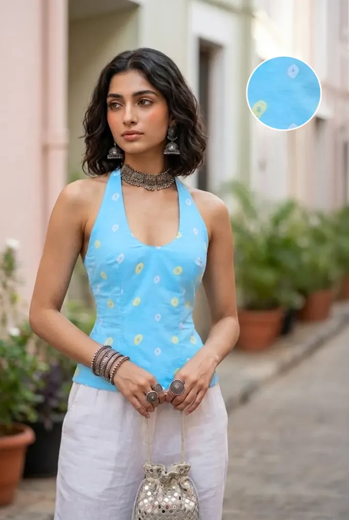 Light Blue Ethnic Print Halter Top - Image 1