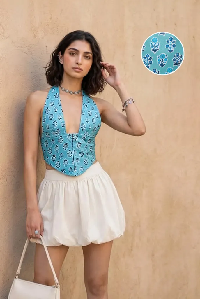 Light Blue Ethnic Print Plunge Neck Top - Image 1