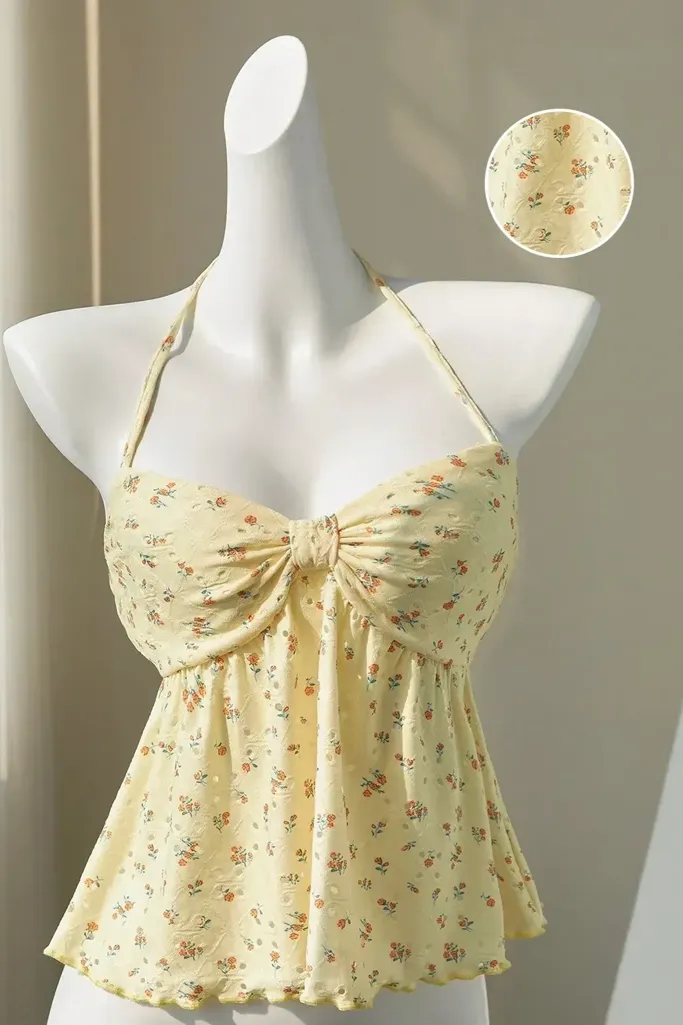 Light Yellow Floral Halter Neck Top - Image 1