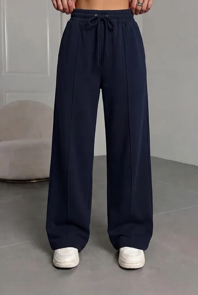 Navy Blue Solid Mid-Rise Pants - Image 1