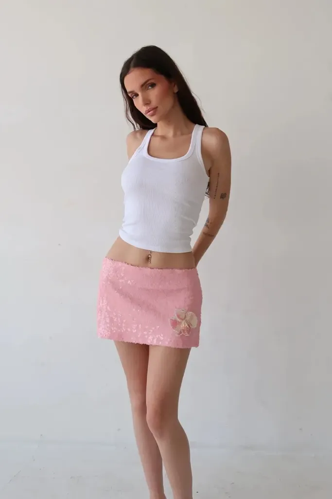 Light Pink Sequined Mid-Rise Mini Skirt - Image 1