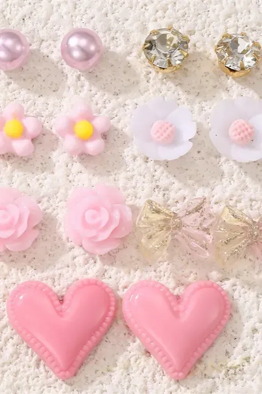 Pink Set Of 7 Stud Earrings - Image 1