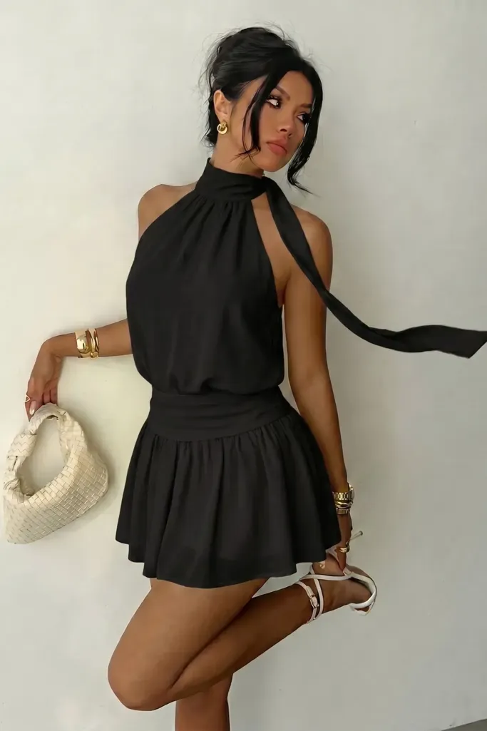 Black Halter Tie-Up Mini Dress - Image 1