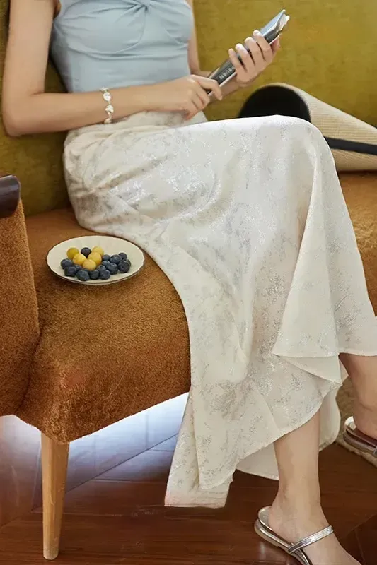 Beige Mid Rise Maxi A-Line Skirt - Image 1