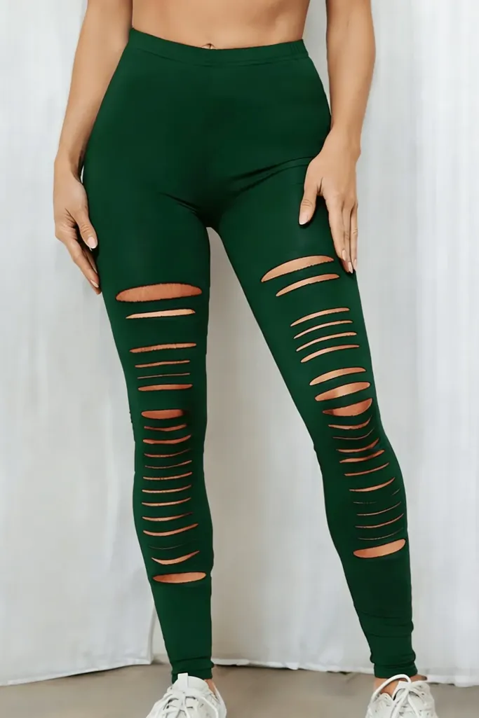 Dark Green Ripped High-Rise Leggings - Image 1