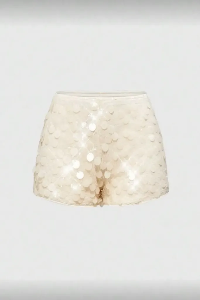Cream Sequin Mid Rise Shorts - Image 1