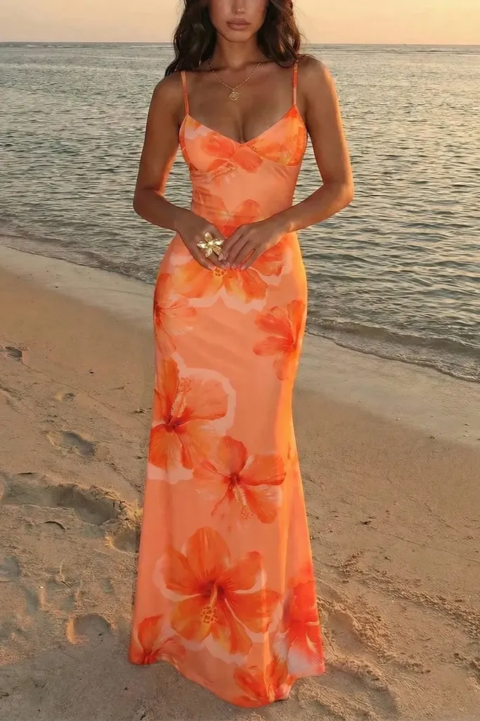 Orange Floral Sweetheart Maxi Dress - Image 1