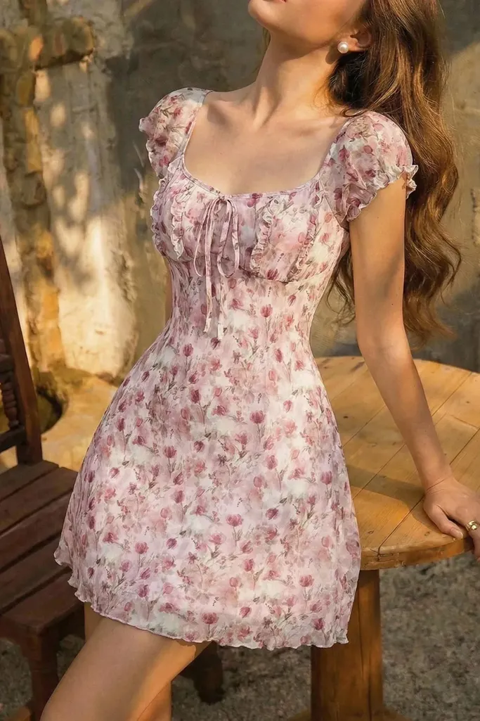 Light Pink Floral Mini Dress - Image 1