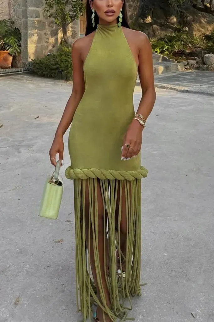 Green Fringe Halter Maxi Dress
