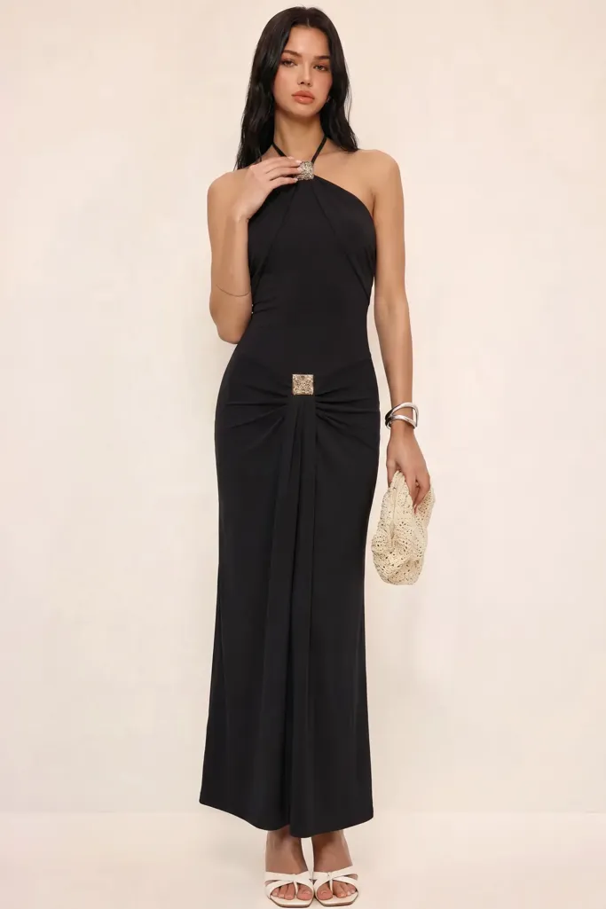 Black Halter Neck Maxi Dress - Image 1