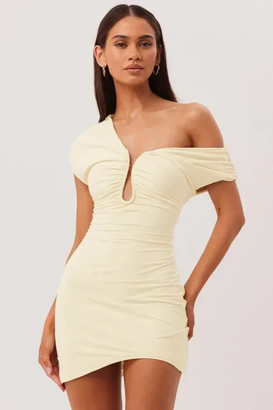 Cream Ruched One Shoulder Mini Dress - Image 1