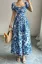 Blue Floral Puff Sleeves Midi Dress