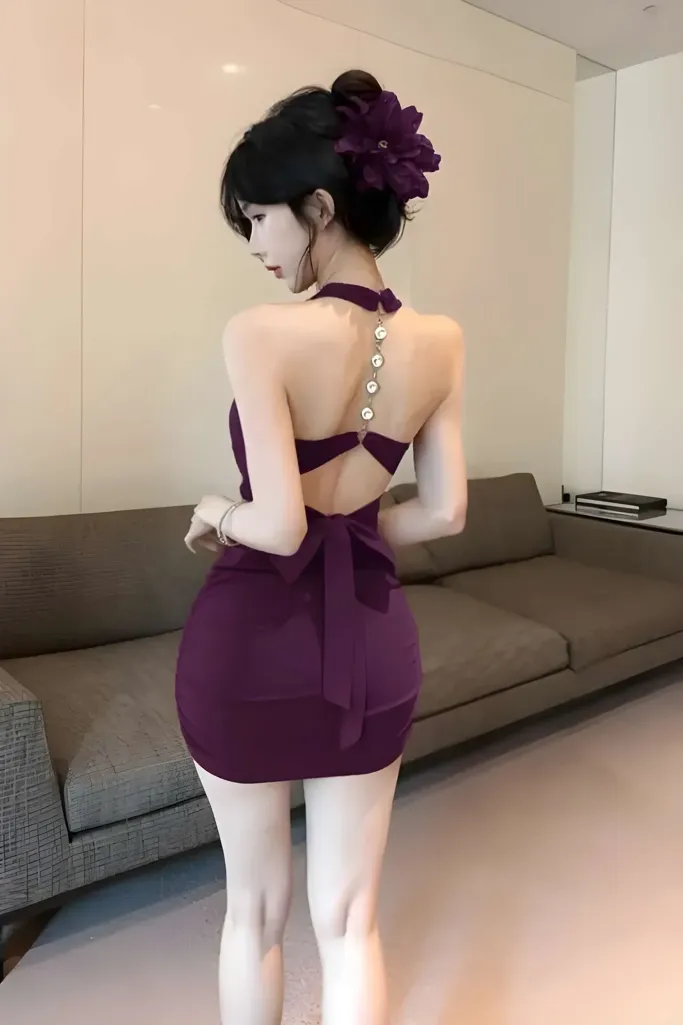 Purple Backless Halter Mini Dress - Image 1