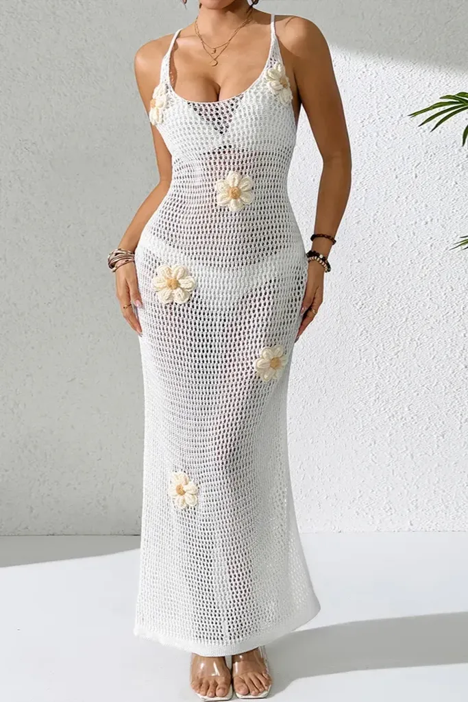 White Crochet Floral Cover Up Dress - Image 1