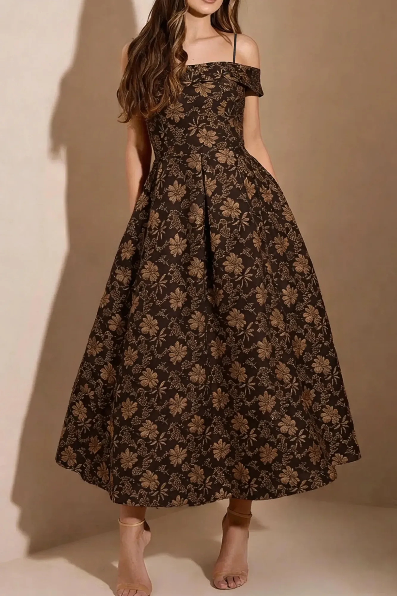 Brown Floral Cold Shoulder Midi Dress