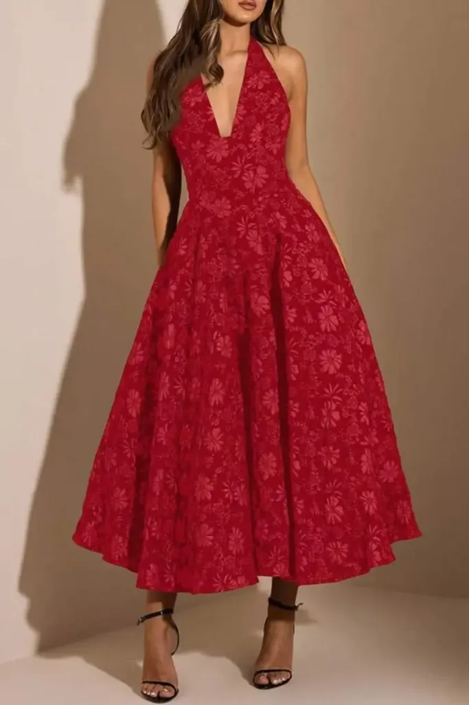 Red Floral Halter Midi Dress - Image 1