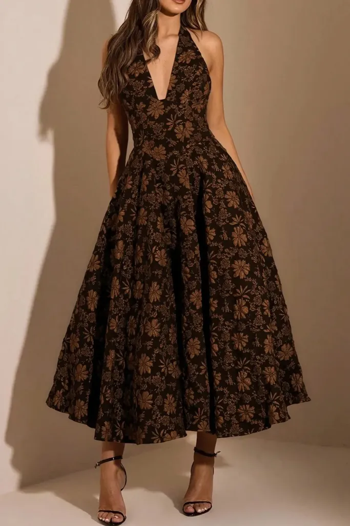 Dark Brown Floral Halter Midi Dress - Image 1