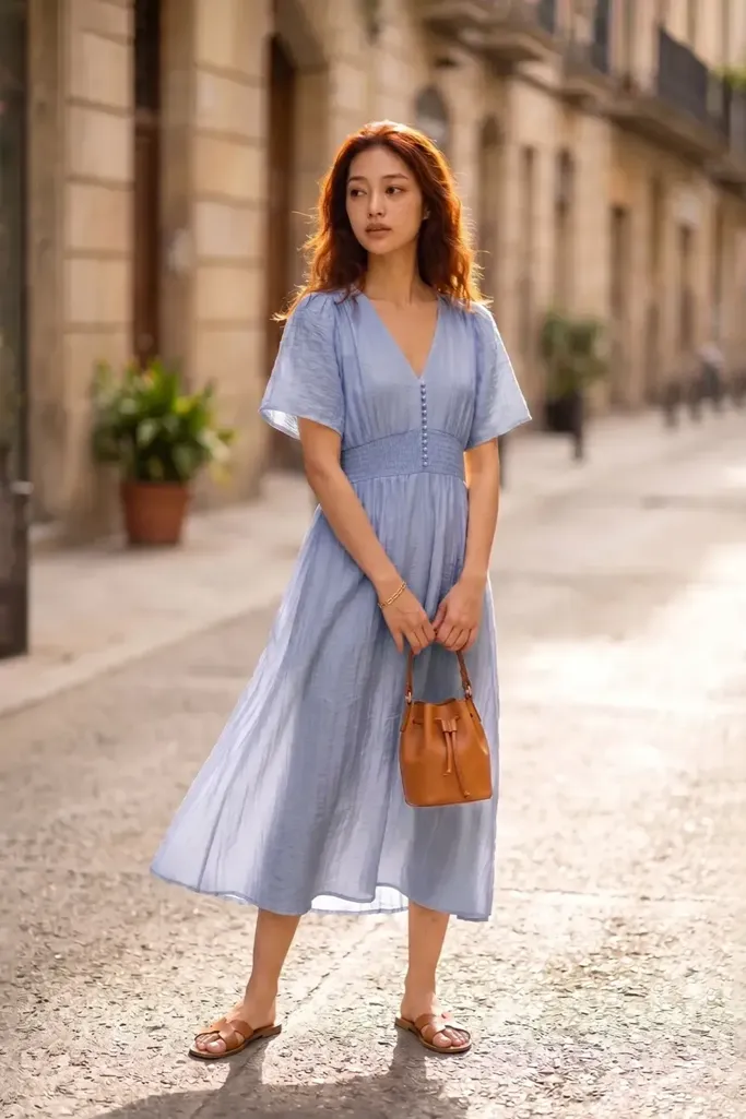 Light Blue Solid A-Line Midi Dress - Image 1