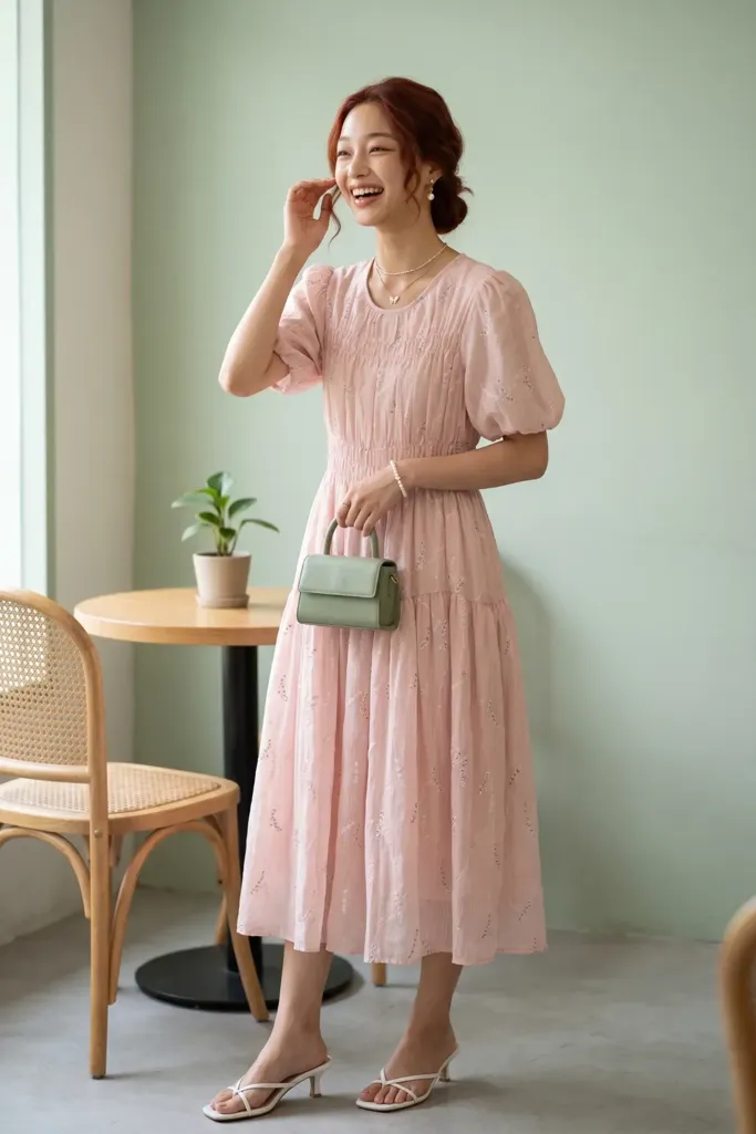 Light Pink Solid Midi Dress - Image 1