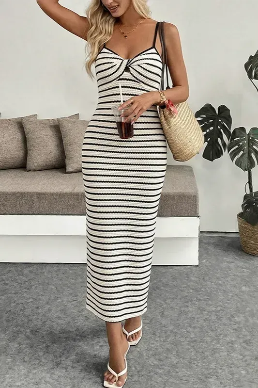 Beige Striped Knotted Midi Dress - Image 1