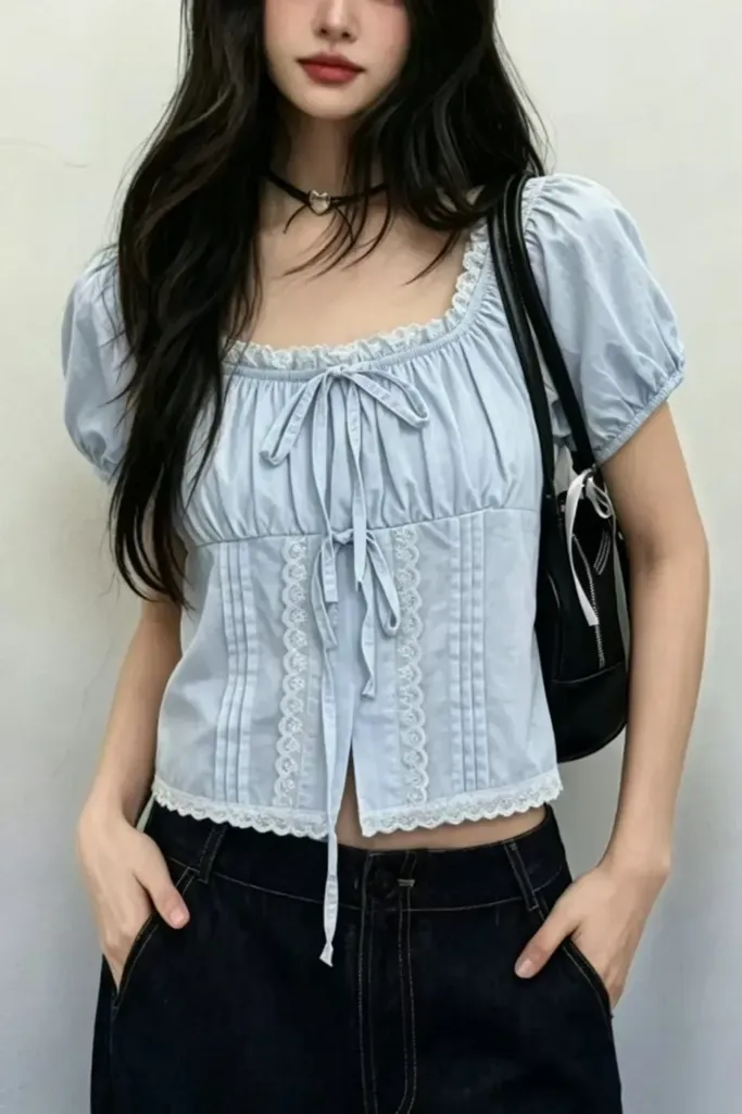 Light Blue Lace Overlay Crop Top - Image 1