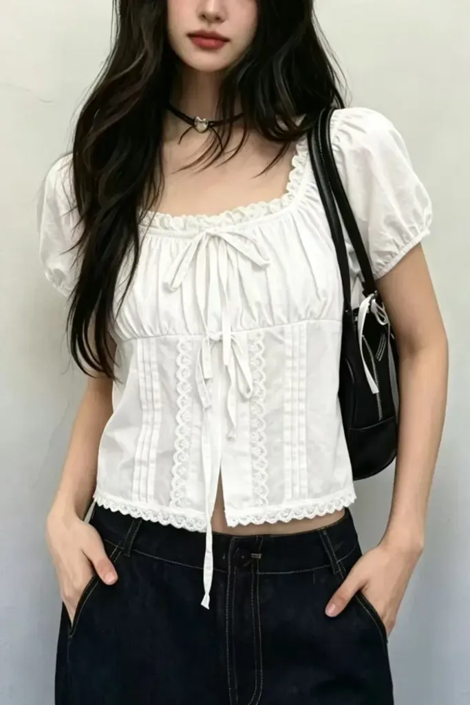 White Lace Overlay Crop Top - Image 1