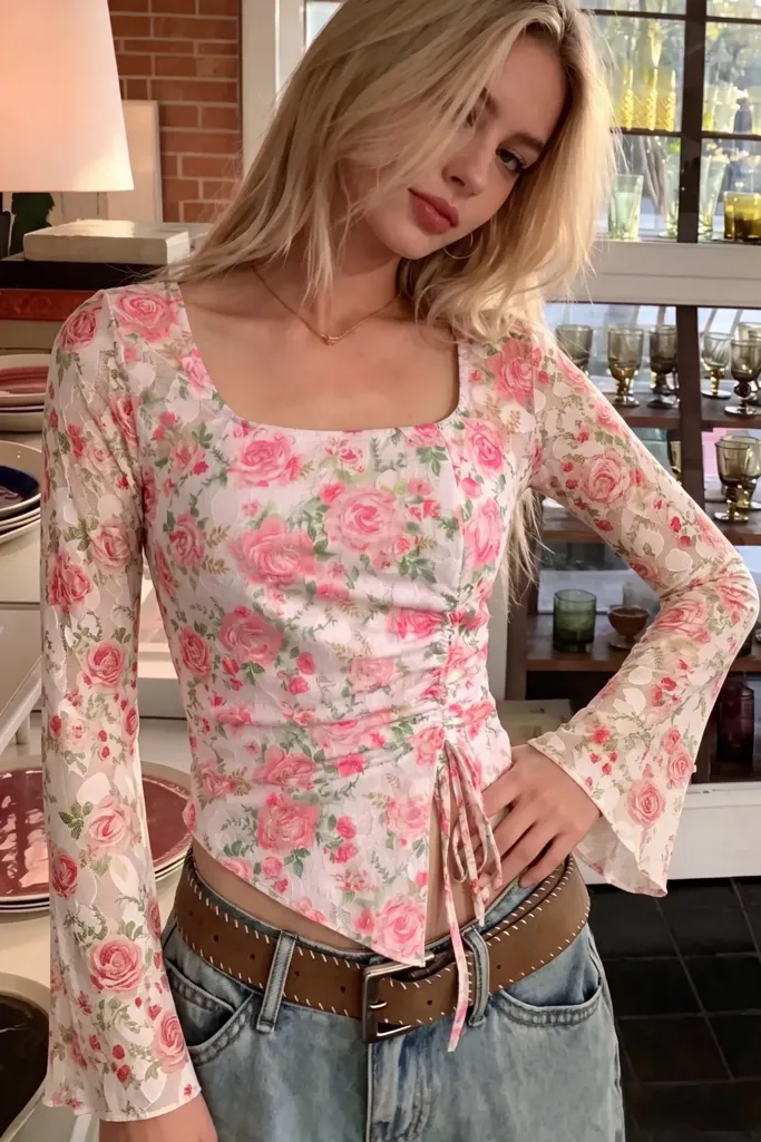 Light Pink Floral Ruched Top - Image 1