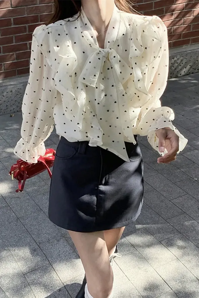 Cream Heart Print Ruffled Top - Image 1