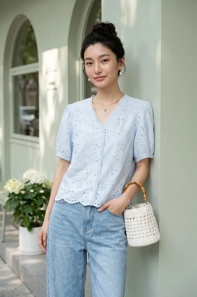 Light Blue Embroidered V-Neck Top - Image 1