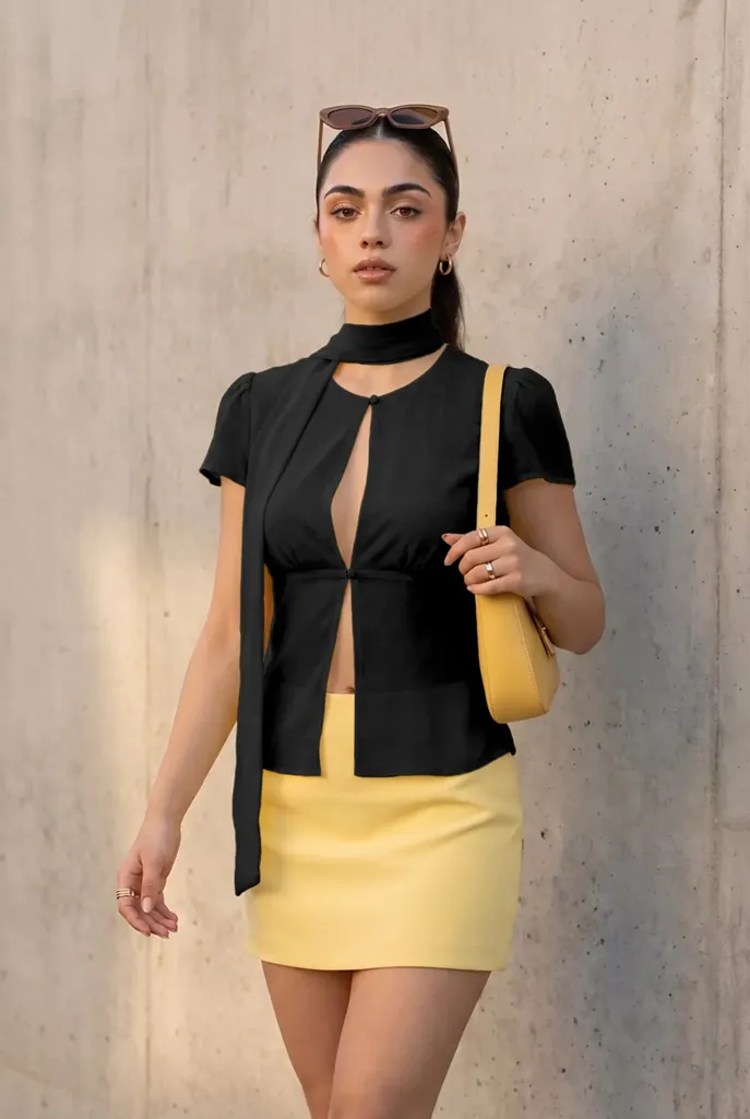 Black Solid Cut-Out Top With Scarf - Image 1