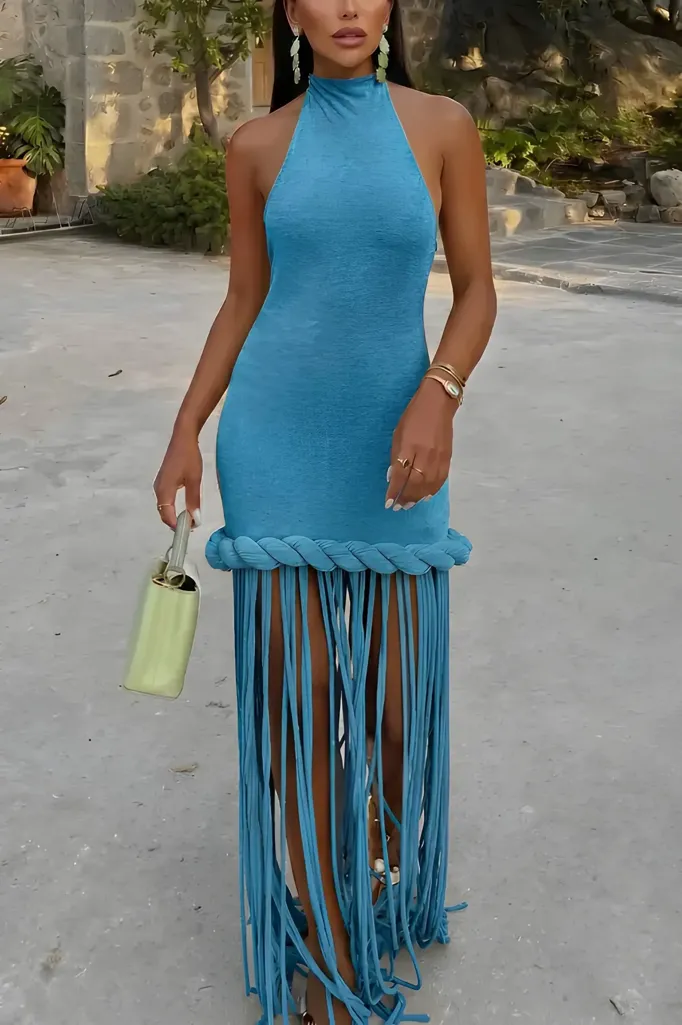 Blue Fringe Halter Maxi Dress - Image 1