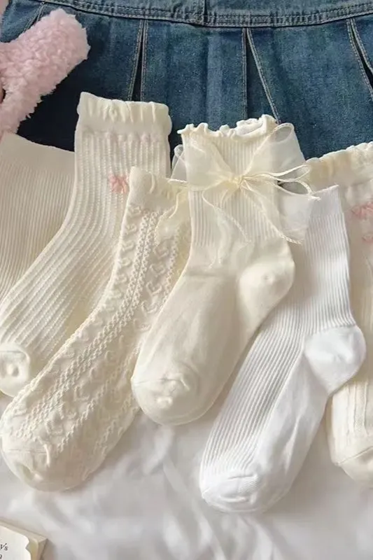 Beige Set Of 3 Heart Bow Socks