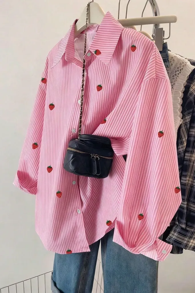 Pink Strawberry Print Collared Shirt - Image 1