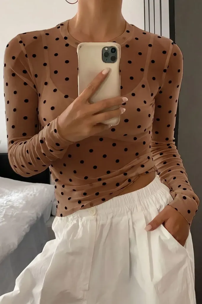 Brown Polka Dot Crew Neck Top - Image 1