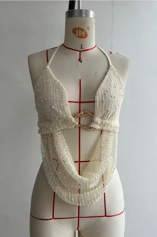 Beige Crochet Halter Crop Top - Image 1