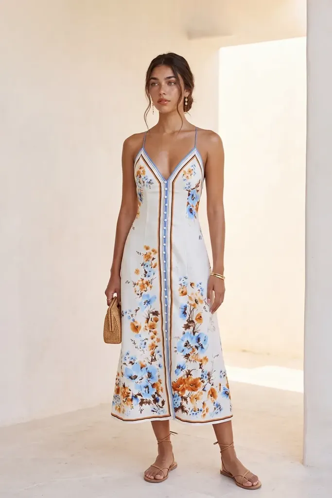 White V-Neck Floral Maxi Dress - Image 1