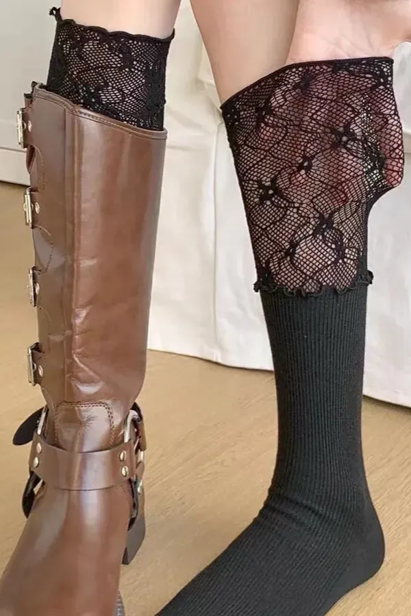 Black Lace Overlay Stockings - Image 1