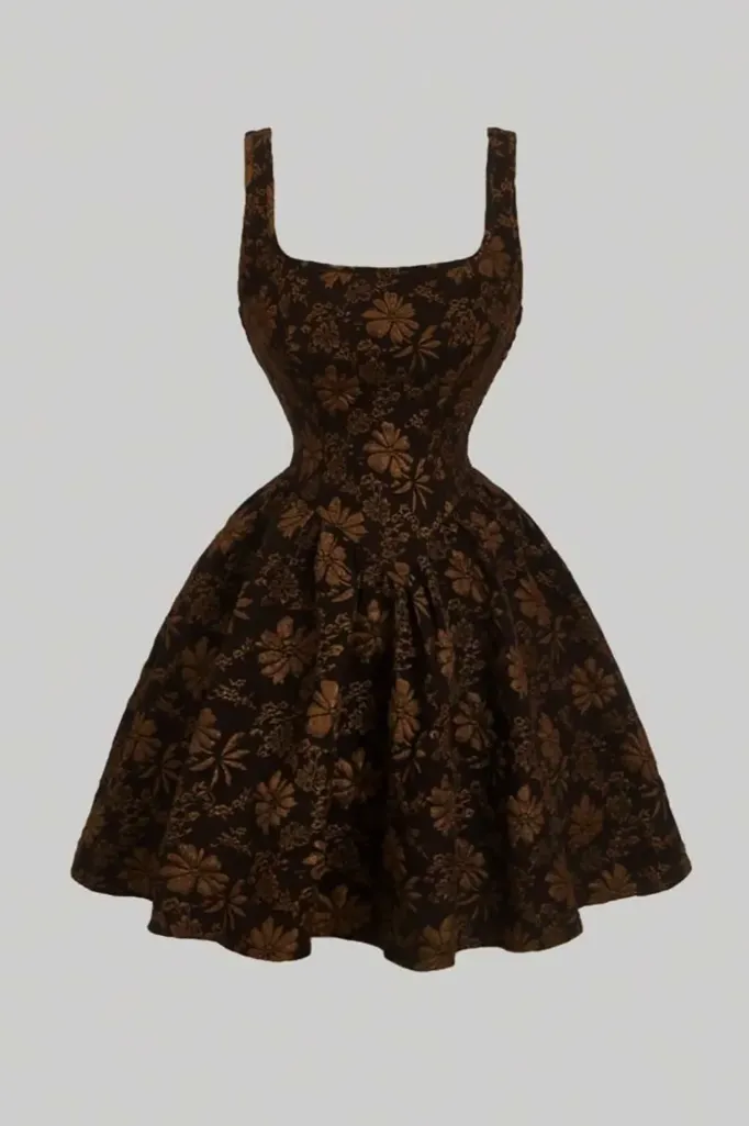 Brown Floral Scoop Neck Mini Dress - Image 1
