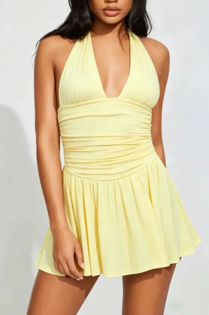 Light Yellow Ruched Halter Mini Dress - Image 1
