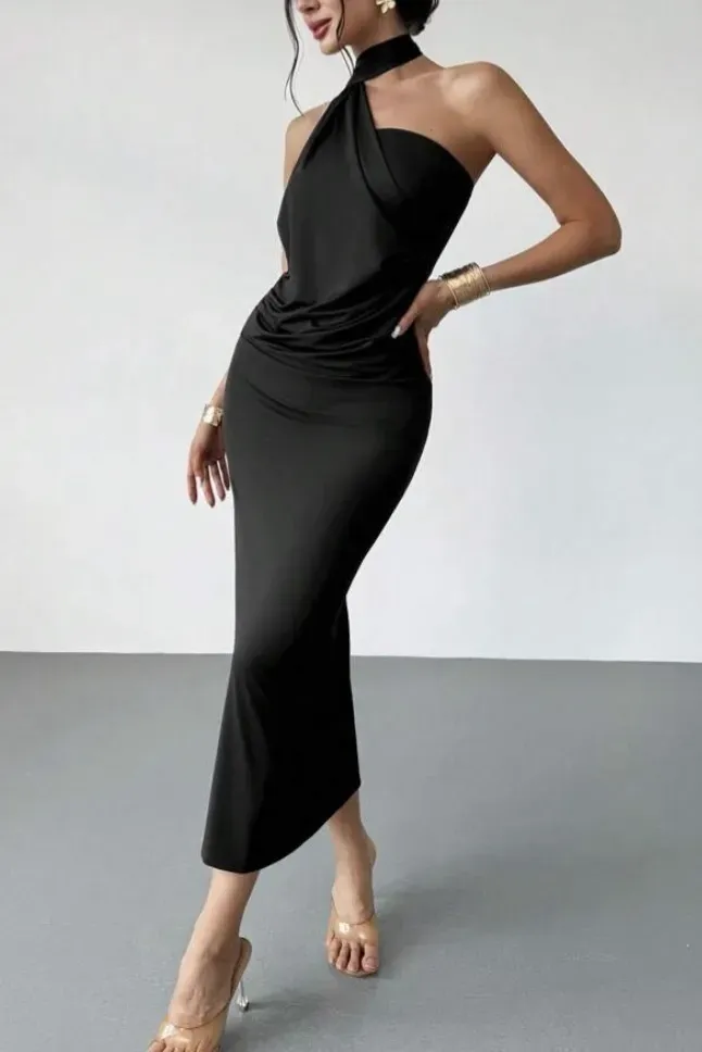 Black Mermaid Halter Midi Dress - Image 1