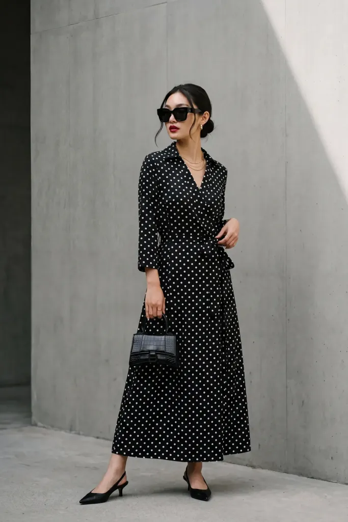 Black Polka Dot Wrap Midi Dress - Image 1