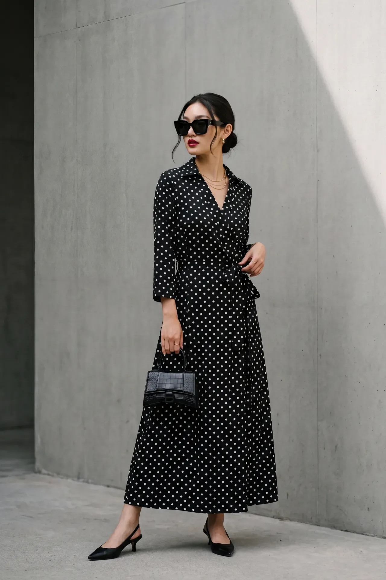 Black Polka Dot Wrap Midi Dress