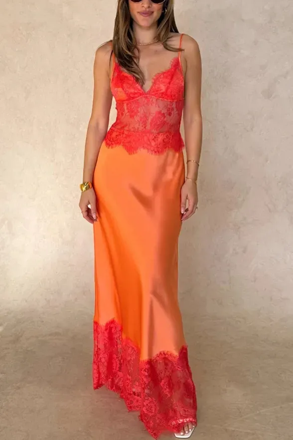 Orange Lace Overlay Maxi Dress - Image 1