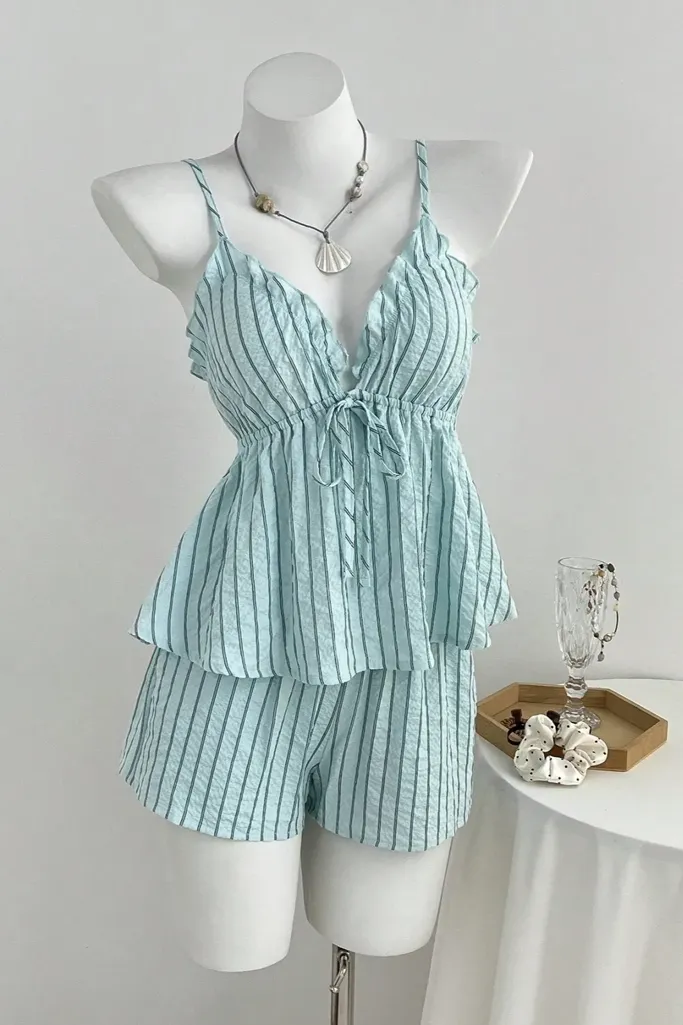Light Blue Striped Ruffle Co-Ord Set - Image 1