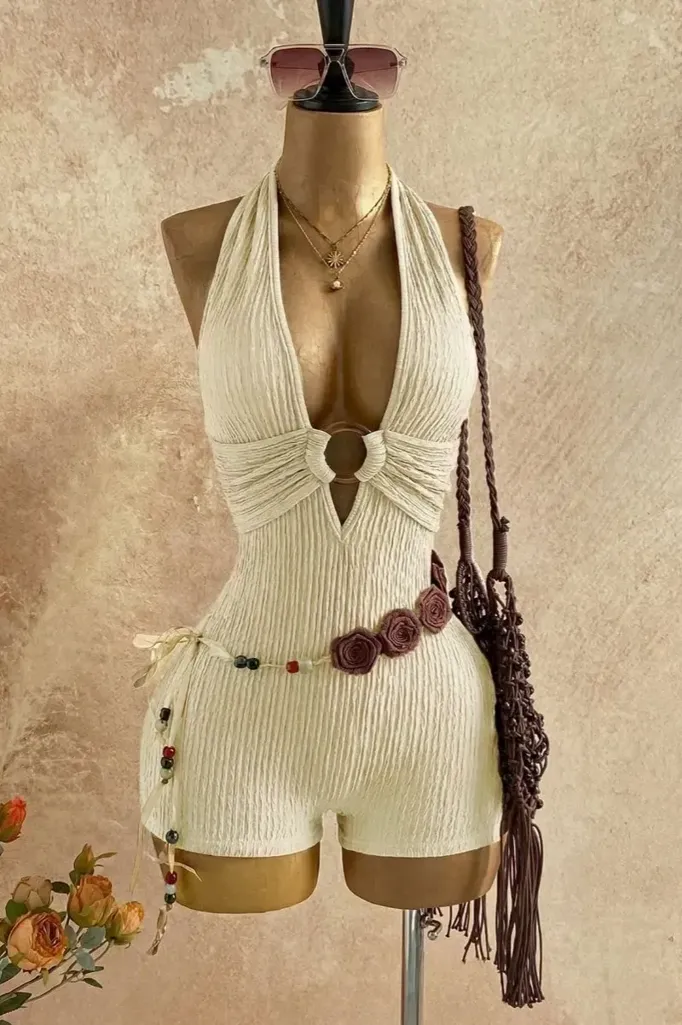 Beige Cut-Out Halter Neck Romper - Image 1