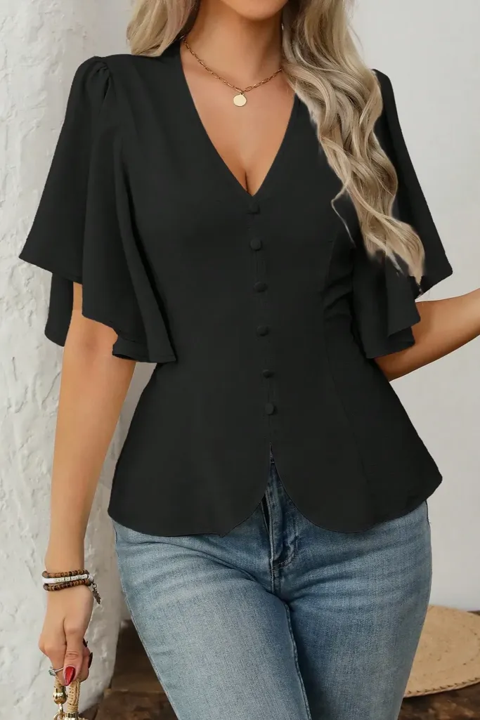 Black Solid V-Neck Ruffled Top - Image 1
