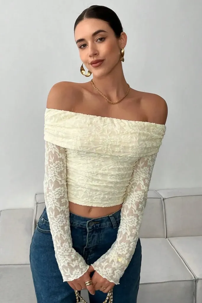Beige Lace Off-Shoulder Crop Top - Image 1