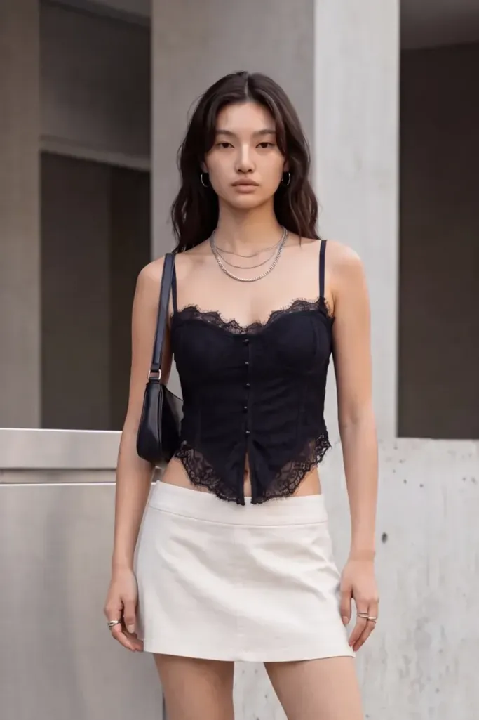 Black Solid Lace Buttoned Top - Image 1